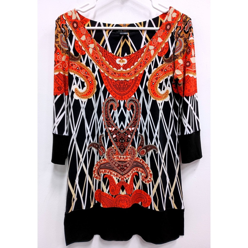 Eva Varro Wearable Art Tunic Top Womens Small Black Orange Paisley 3/4 Sleeve